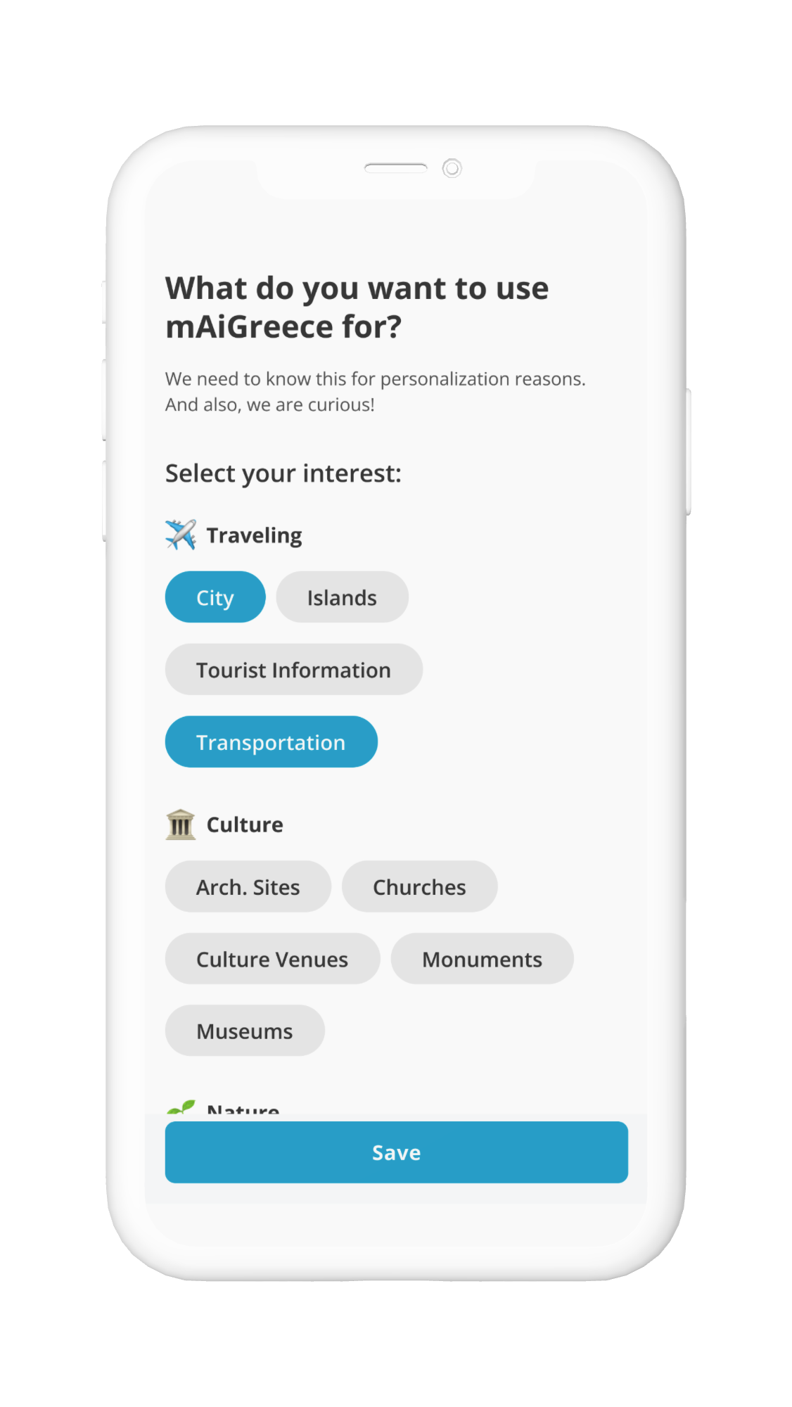 mAiGreece interests screen